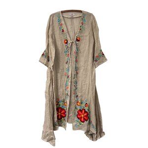 Roja Womens Tan Linen Embroidered Florals Boho Long Duster Cardigan Size Large